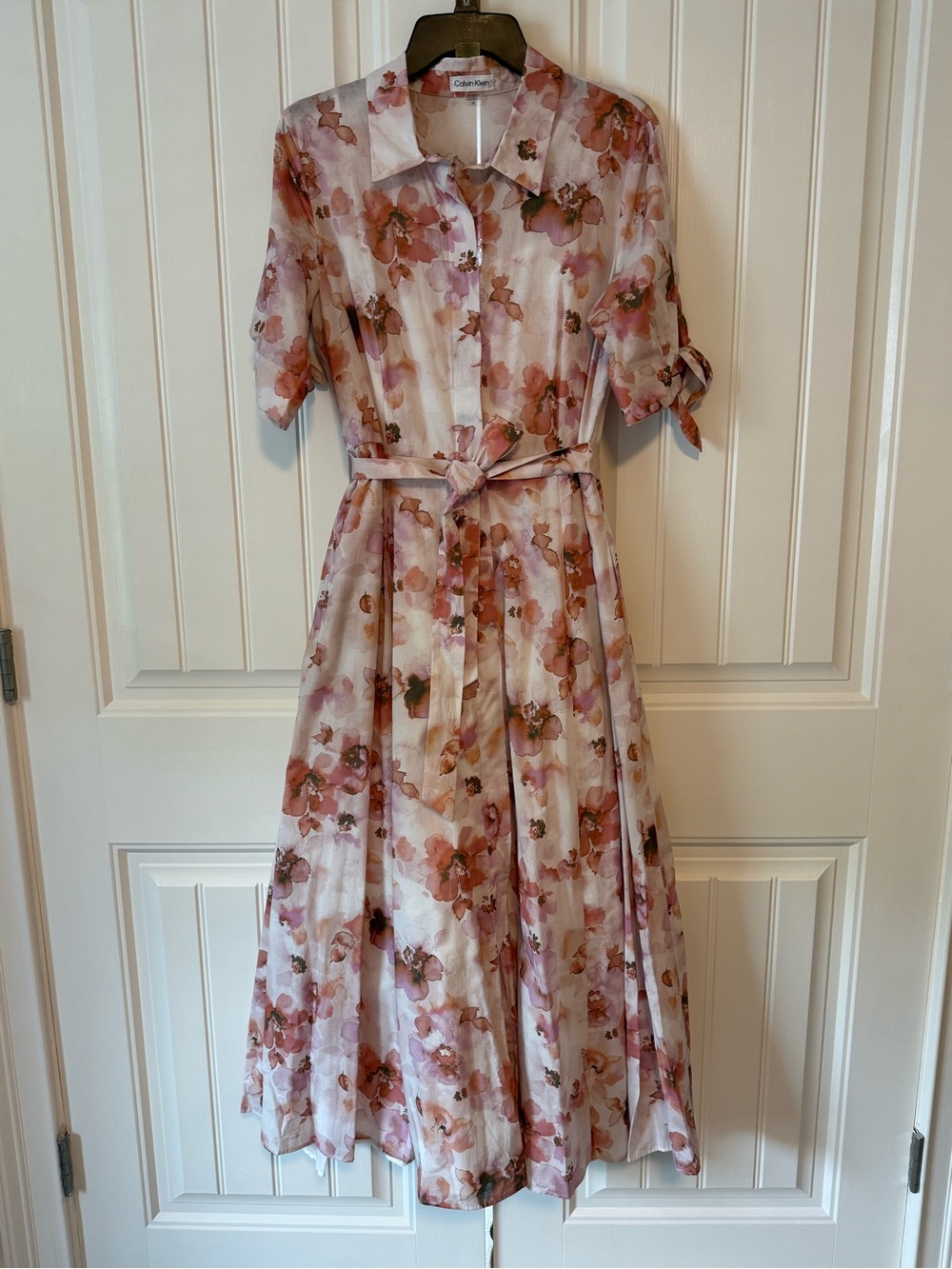 Calvin Klein Blush Floral Shirt-Collar Midi Dress